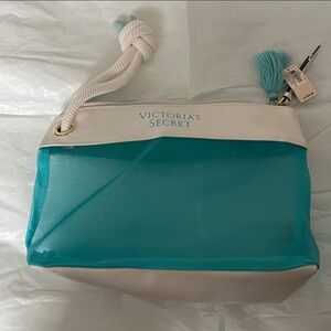 Victoria's Secret Turquoise Mesh Cosmetic Pouch with Cream Trim